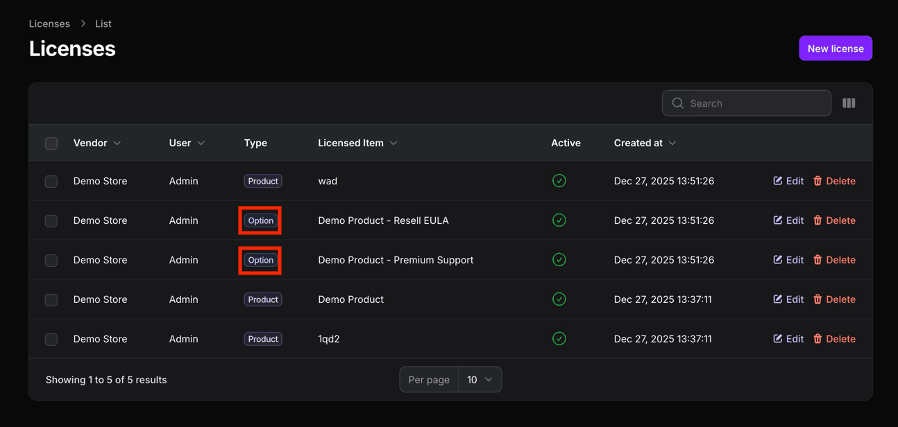 Option Licenses in Creator Dashboard